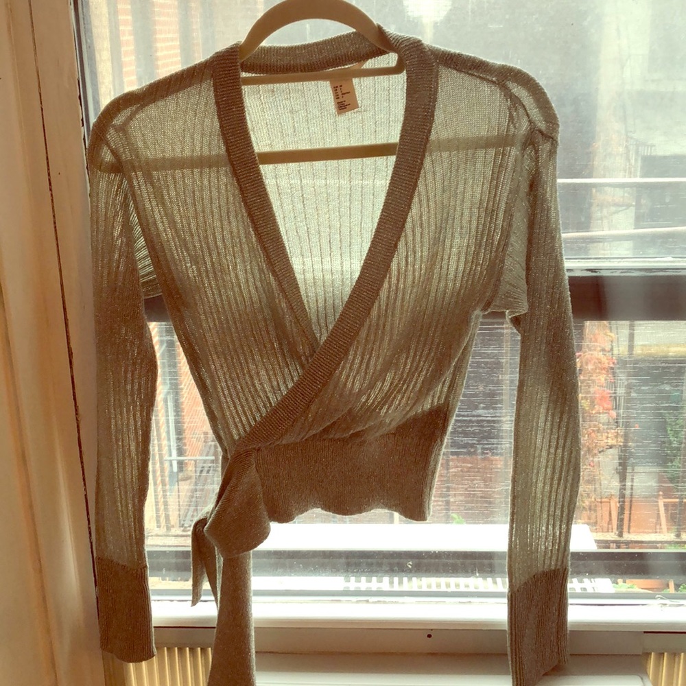 Metallic wrap sweater with tie